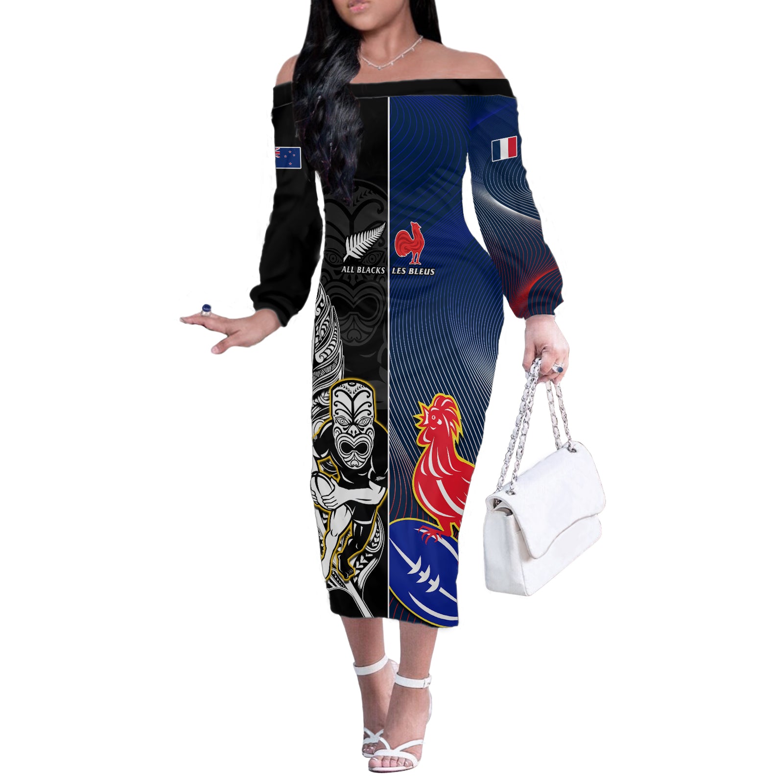 Custom New Zealand And France Rugby Off The Shoulder Long Sleeve Dress All Black With Les Bleus Together 2023 World Cup LT14 Women Black - Polynesian Pride