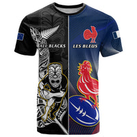 Custom New Zealand And France Rugby T Shirt All Black With Les Bleus Together 2023 World Cup LT14 Black - Polynesian Pride