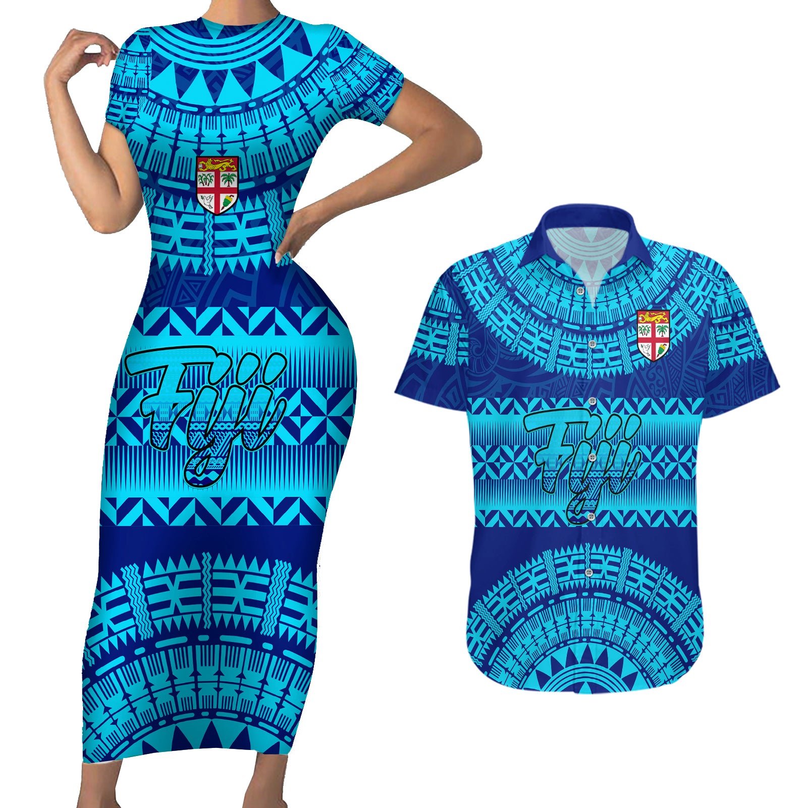 Personalised Fiji Couples Matching Short Sleeve Bodycon Dress and Hawaiian Shirt Unique Fijian Tapa Pattern With Coat Of Arms LT14 Blue - Polynesian Pride