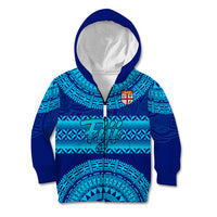 Personalised Fiji Kid Hoodie Unique Fijian Tapa Pattern With Coat Of Arms LT14 Zip Hoodie Blue - Polynesian Pride