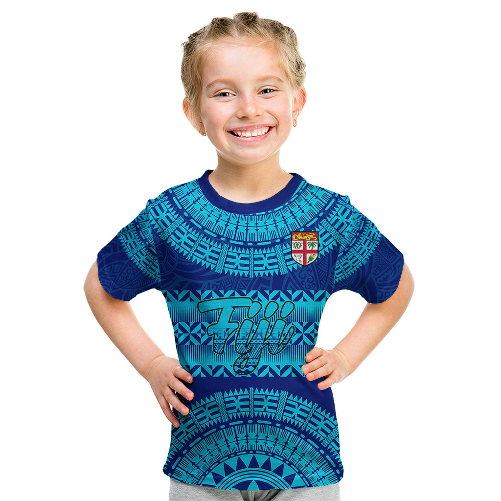 Personalised Fiji Kid T Shirt Unique Fijian Tapa Pattern With Coat Of Arms LT14 Blue - Polynesian Pride