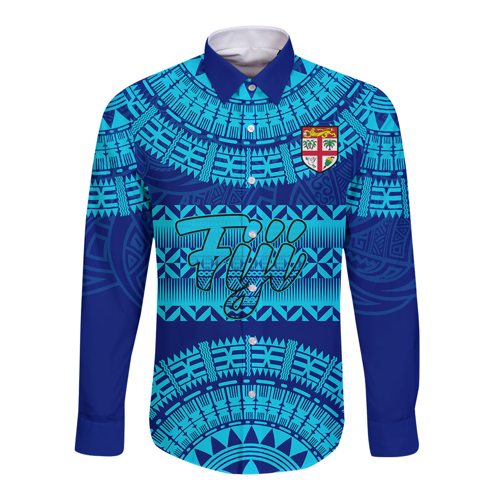 Personalised Fiji Long Sleeve Button Shirt Unique Fijian Tapa Pattern With Coat Of Arms LT14 Unisex Blue - Polynesian Pride