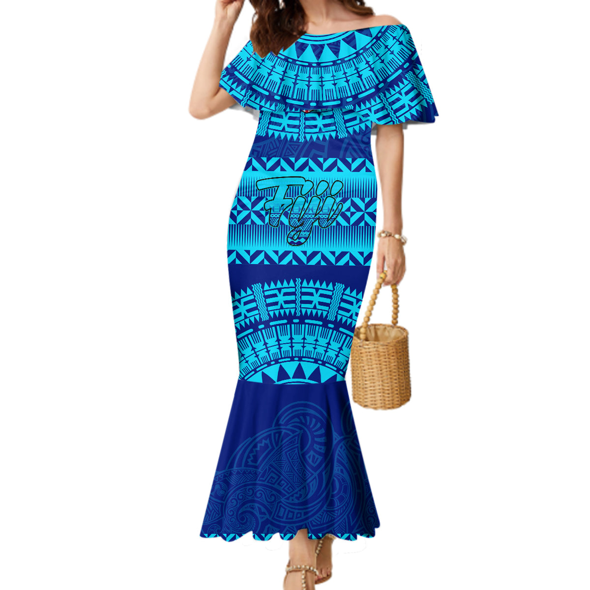 Personalised Fiji Mermaid Dress Unique Fijian Tapa Pattern With Coat Of Arms LT14 Women Blue - Polynesian Pride