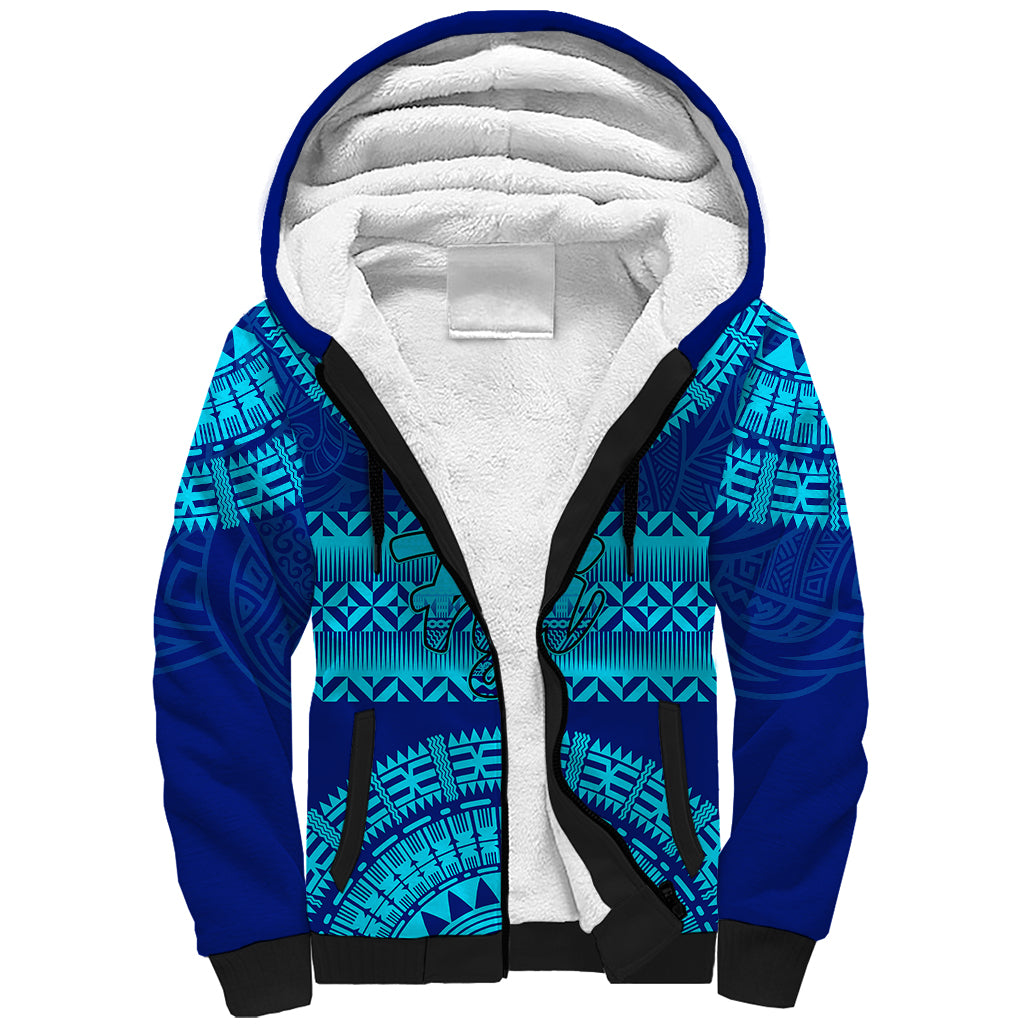 Personalised Fiji Sherpa Hoodie Unique Fijian Tapa Pattern With Coat Of Arms LT14 Unisex Blue - Polynesian Pride