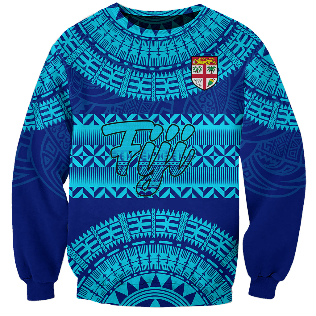 Personalised Fiji Sweatshirt Unique Fijian Tapa Pattern With Coat Of Arms LT14 Unisex Blue - Polynesian Pride
