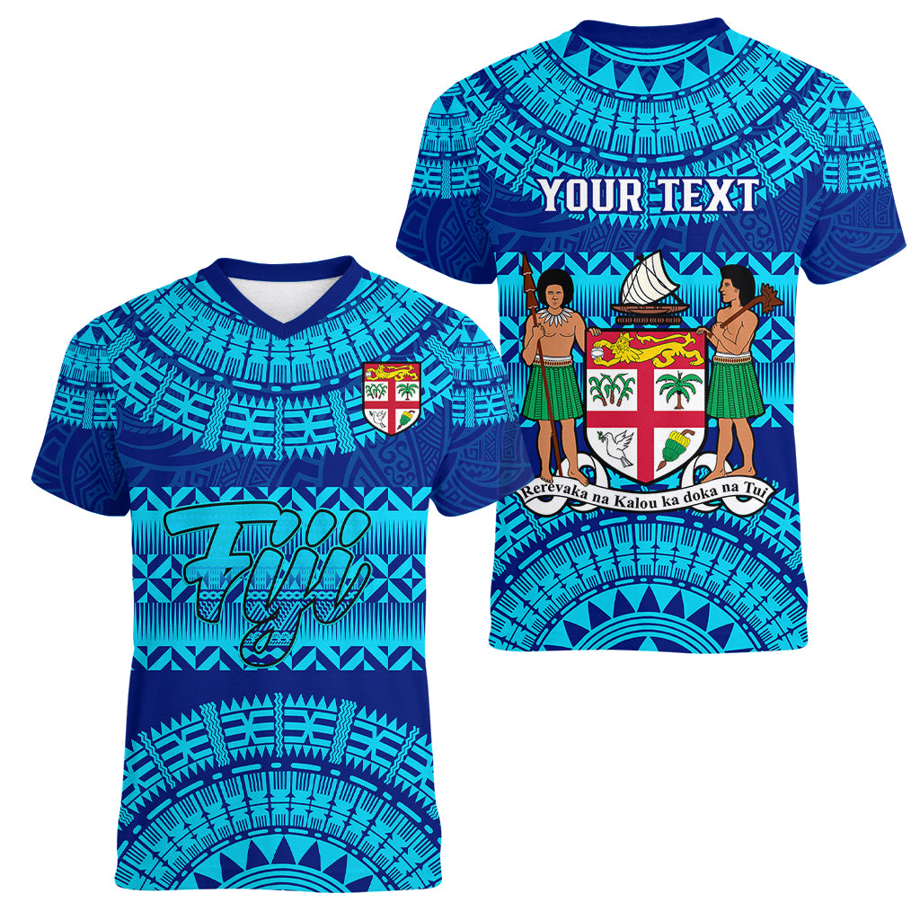 Personalised Fiji Women V Neck T Shirt Unique Fijian Tapa Pattern With Coat Of Arms LT14 - Polynesian Pride