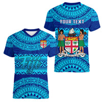 Personalised Fiji Women V Neck T Shirt Unique Fijian Tapa Pattern With Coat Of Arms LT14 - Polynesian Pride