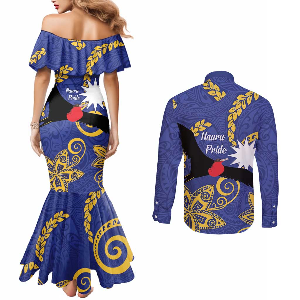 Nauru Angam Day Couples Matching Mermaid Dress and Long Sleeve Button Shirt Naoero Frigate Bird Polynesian Pattern