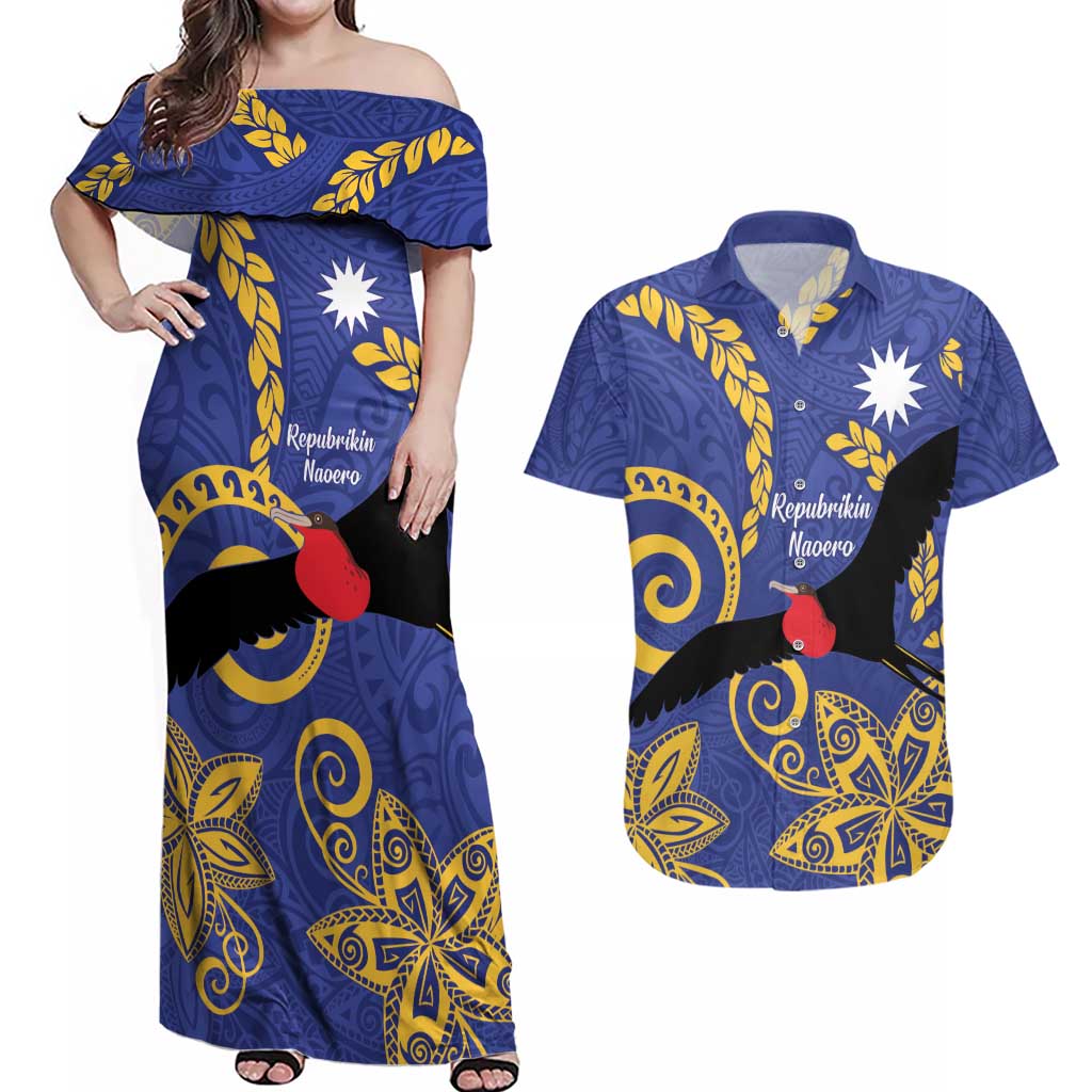 Nauru Angam Day Couples Matching Off Shoulder Maxi Dress and Hawaiian Shirt Naoero Frigate Bird Polynesian Pattern LT14 Blue - Polynesian Pride