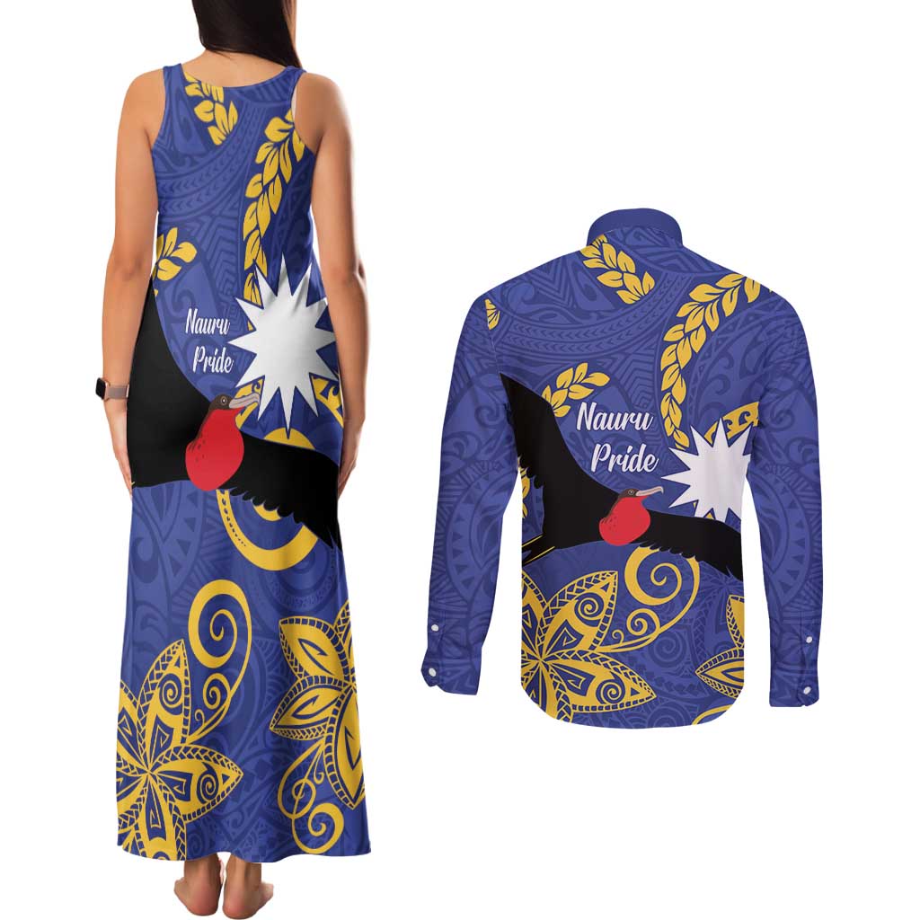Nauru Angam Day Couples Matching Tank Maxi Dress and Long Sleeve Button Shirt Naoero Frigate Bird Polynesian Pattern