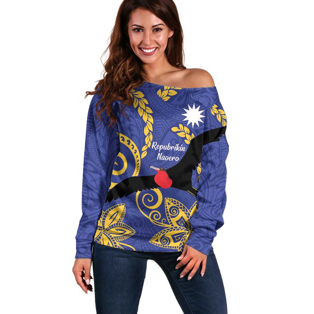 Nauru Angam Day Off Shoulder Sweater Naoero Frigate Bird Polynesian Pattern