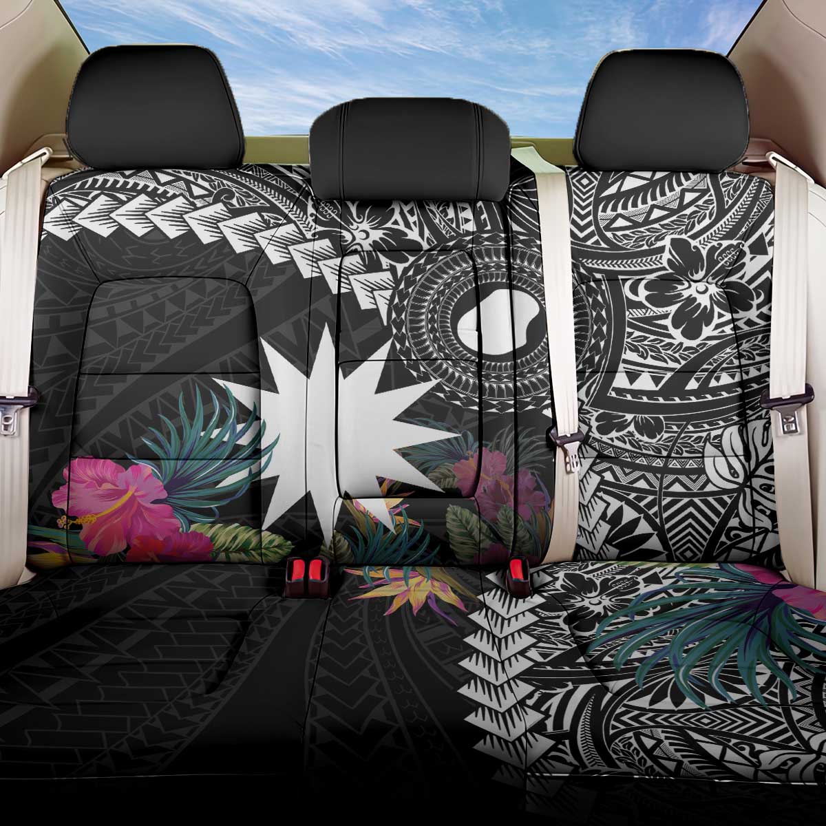 Black Nauru Back Car Seat Cover Naoero Map With Polynesian Tropical Flowers