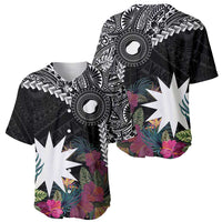 Black Nauru Baseball Jersey Naoero Map With Polynesian Tropical Flowers