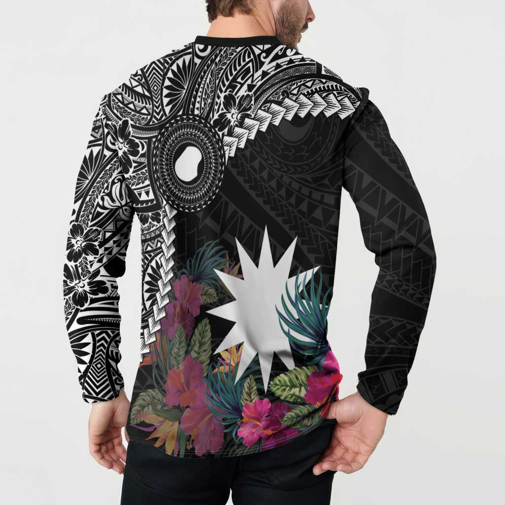 Black Nauru Button Sweatshirt Naoero Map With Polynesian Tropical Flowers