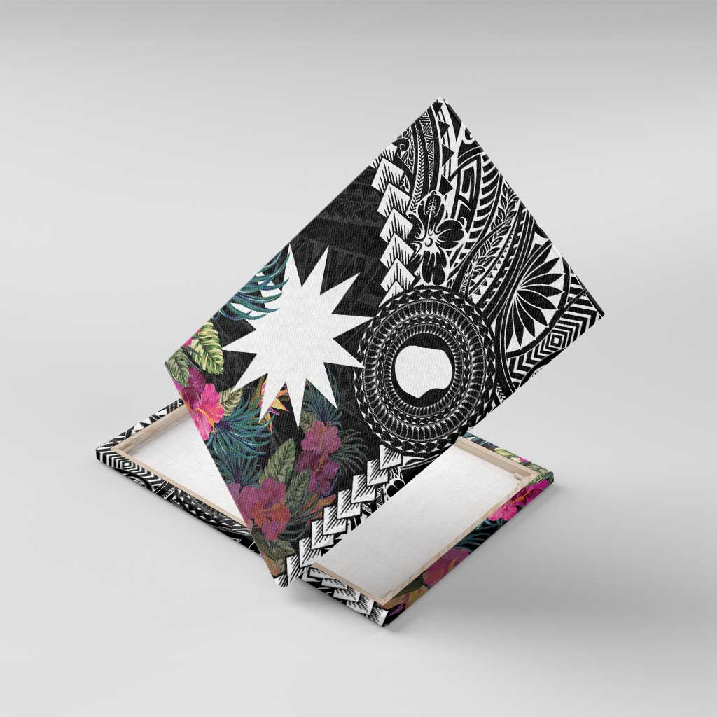 Black Nauru Canvas Wall Art Naoero Map With Polynesian Tropical Flowers