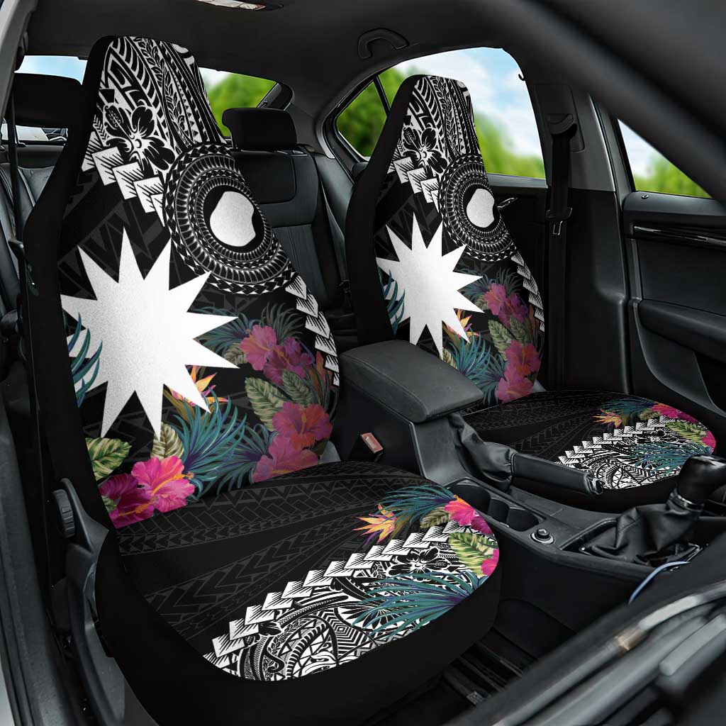 Black Nauru Car Seat Cover Naoero Map With Polynesian Tropical Flowers