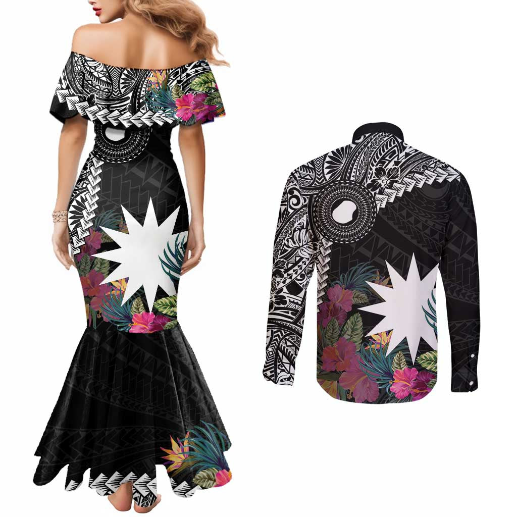 Black Nauru Couples Matching Mermaid Dress and Long Sleeve Button Shirt Naoero Map With Polynesian Tropical Flowers LT14 - Polynesian Pride