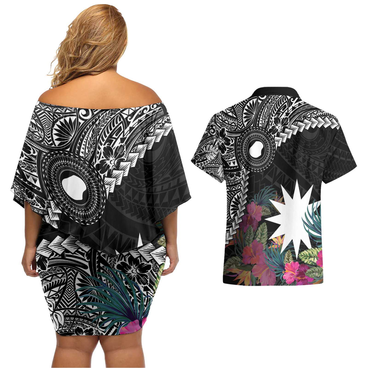 Black Nauru Couples Matching Off Shoulder Short Dress and Hawaiian Shirt Naoero Map With Polynesian Tropical Flowers LT14 - Polynesian Pride