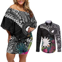 Black Nauru Couples Matching Off Shoulder Short Dress and Long Sleeve Button Shirt Naoero Map With Polynesian Tropical Flowers LT14 Black - Polynesian Pride