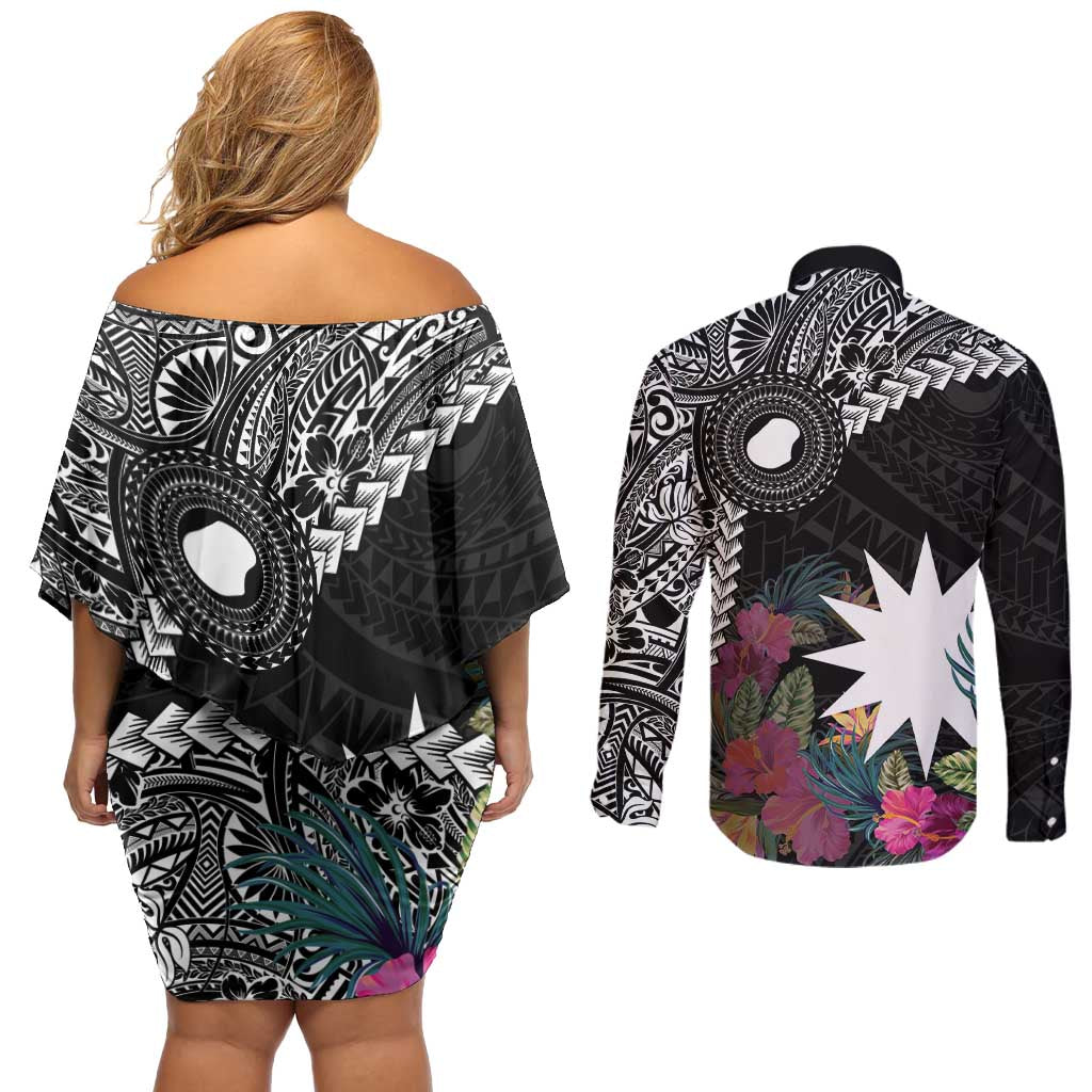Black Nauru Couples Matching Off Shoulder Short Dress and Long Sleeve Button Shirt Naoero Map With Polynesian Tropical Flowers LT14 - Polynesian Pride