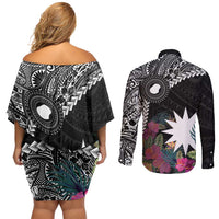 Black Nauru Couples Matching Off Shoulder Short Dress and Long Sleeve Button Shirt Naoero Map With Polynesian Tropical Flowers LT14 - Polynesian Pride