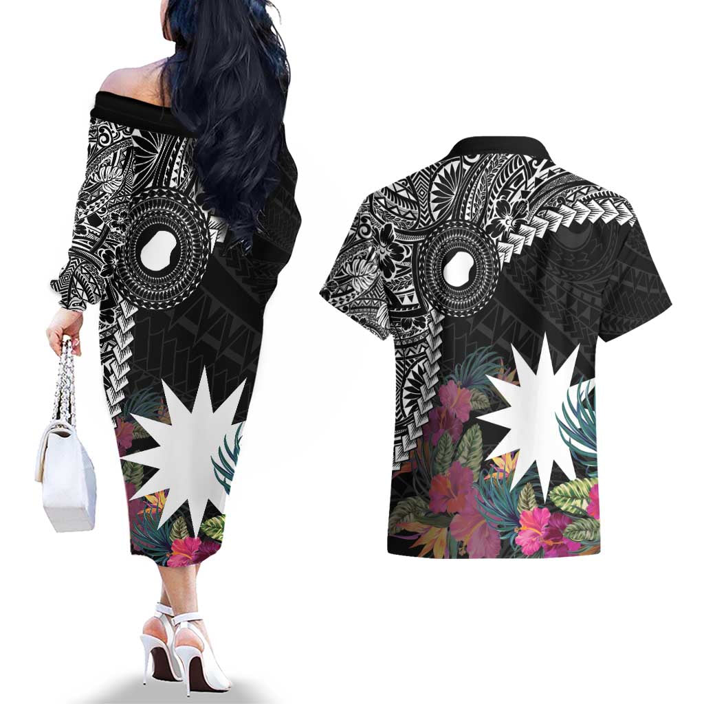 Black Nauru Couples Matching Off The Shoulder Long Sleeve Dress and Hawaiian Shirt Naoero Map With Polynesian Tropical Flowers LT14 - Polynesian Pride