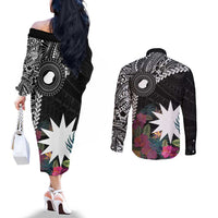 Black Nauru Couples Matching Off The Shoulder Long Sleeve Dress and Long Sleeve Button Shirt Naoero Map With Polynesian Tropical Flowers LT14 - Polynesian Pride