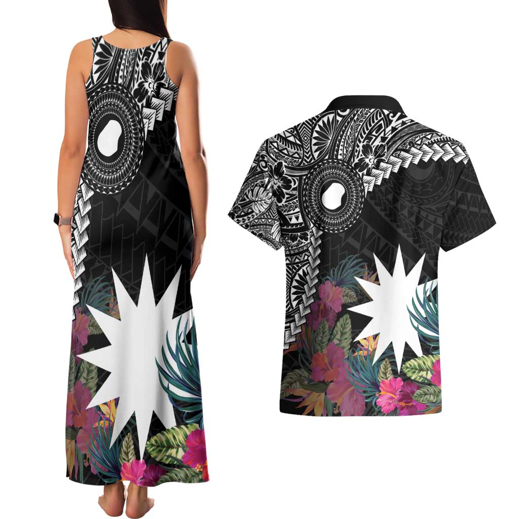 Black Nauru Couples Matching Tank Maxi Dress and Hawaiian Shirt Naoero Map With Polynesian Tropical Flowers LT14 - Polynesian Pride