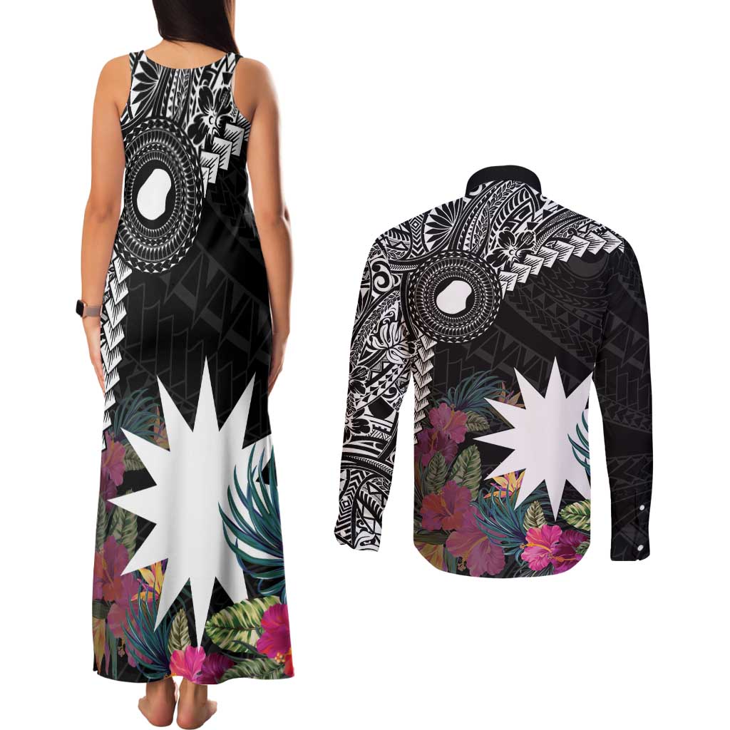 Black Nauru Couples Matching Tank Maxi Dress and Long Sleeve Button Shirt Naoero Map With Polynesian Tropical Flowers LT14 - Polynesian Pride