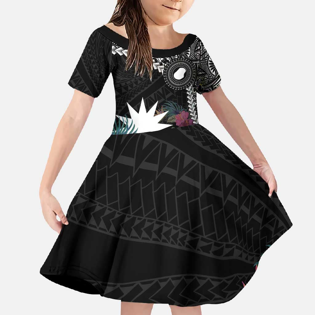 Black Nauru Family Matching Long Sleeve Bodycon Dress and Hawaiian Shirt Naoero Map With Polynesian Tropical Flowers LT14 Daughter's Dress Black - Polynesian Pride
