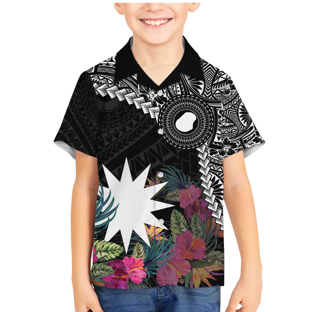 Black Nauru Family Matching Mermaid Dress and Hawaiian Shirt Naoero Map With Polynesian Tropical Flowers LT14 Son's Shirt Black - Polynesian Pride