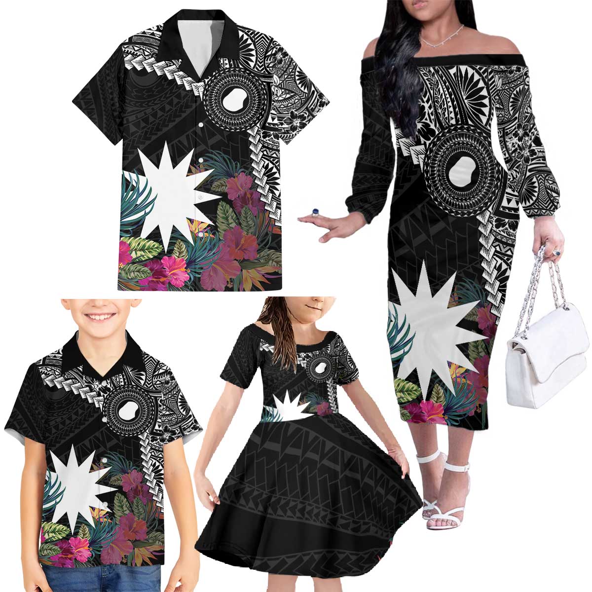 Black Nauru Family Matching Off The Shoulder Long Sleeve Dress and Hawaiian Shirt Naoero Map With Polynesian Tropical Flowers LT14 - Polynesian Pride