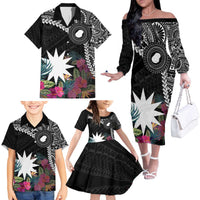 Black Nauru Family Matching Off The Shoulder Long Sleeve Dress and Hawaiian Shirt Naoero Map With Polynesian Tropical Flowers LT14 - Polynesian Pride