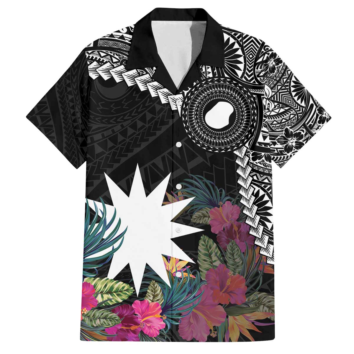 Black Nauru Family Matching Off The Shoulder Long Sleeve Dress and Hawaiian Shirt Naoero Map With Polynesian Tropical Flowers LT14 Dad's Shirt - Short Sleeve Black - Polynesian Pride