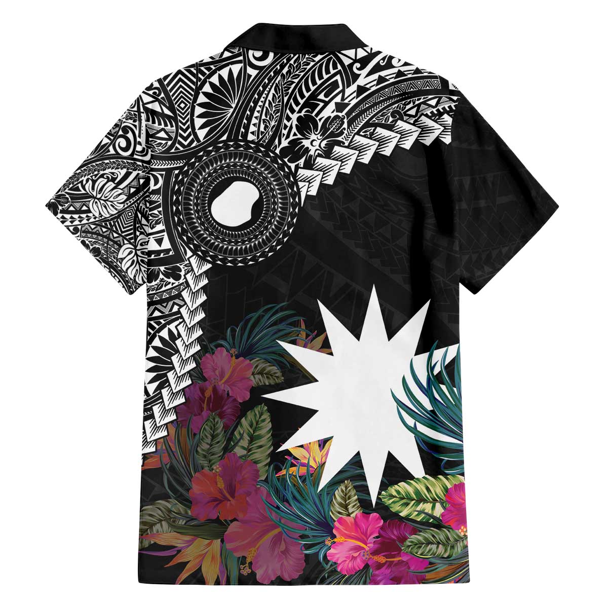 Black Nauru Family Matching Off The Shoulder Long Sleeve Dress and Hawaiian Shirt Naoero Map With Polynesian Tropical Flowers LT14 - Polynesian Pride
