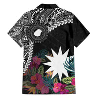 Black Nauru Family Matching Off The Shoulder Long Sleeve Dress and Hawaiian Shirt Naoero Map With Polynesian Tropical Flowers LT14 - Polynesian Pride