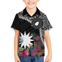 Black Nauru Family Matching Off The Shoulder Long Sleeve Dress and Hawaiian Shirt Naoero Map With Polynesian Tropical Flowers LT14 Son's Shirt Black - Polynesian Pride