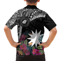 Black Nauru Family Matching Short Sleeve Bodycon Dress and Hawaiian Shirt Naoero Map With Polynesian Tropical Flowers LT14 - Polynesian Pride