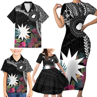 Black Nauru Family Matching Short Sleeve Bodycon Dress and Hawaiian Shirt Naoero Map With Polynesian Tropical Flowers LT14 - Polynesian Pride