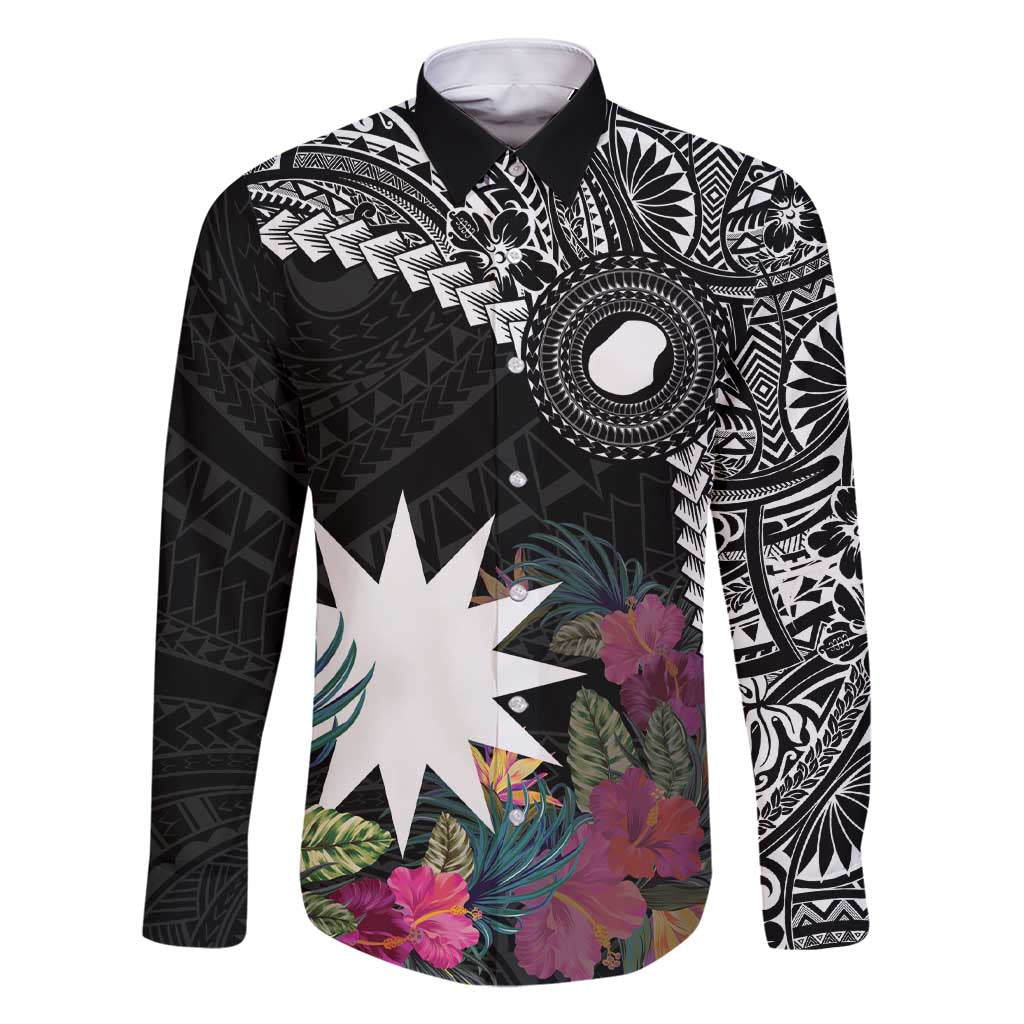 Black Nauru Family Matching Short Sleeve Bodycon Dress and Hawaiian Shirt Naoero Map With Polynesian Tropical Flowers LT14 Dad's Shirt - Long Sleeve Black - Polynesian Pride