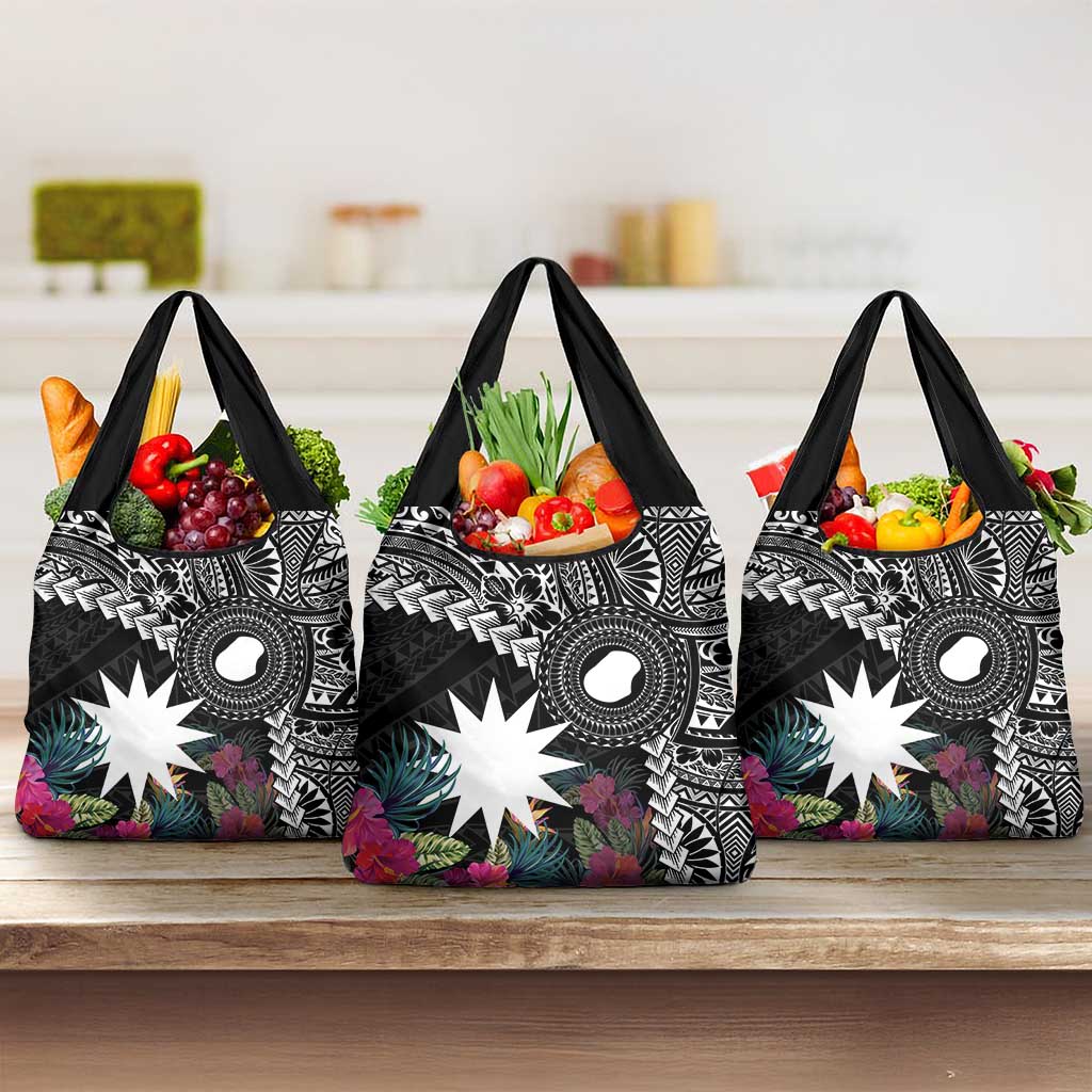 Black Nauru Grocery Bag Naoero Map With Polynesian Tropical Flowers LT14 3-pack One Size Black - Polynesian Pride