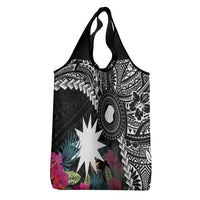 Black Nauru Grocery Bag Naoero Map With Polynesian Tropical Flowers LT14 - Polynesian Pride