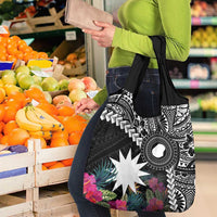 Black Nauru Grocery Bag Naoero Map With Polynesian Tropical Flowers LT14 - Polynesian Pride