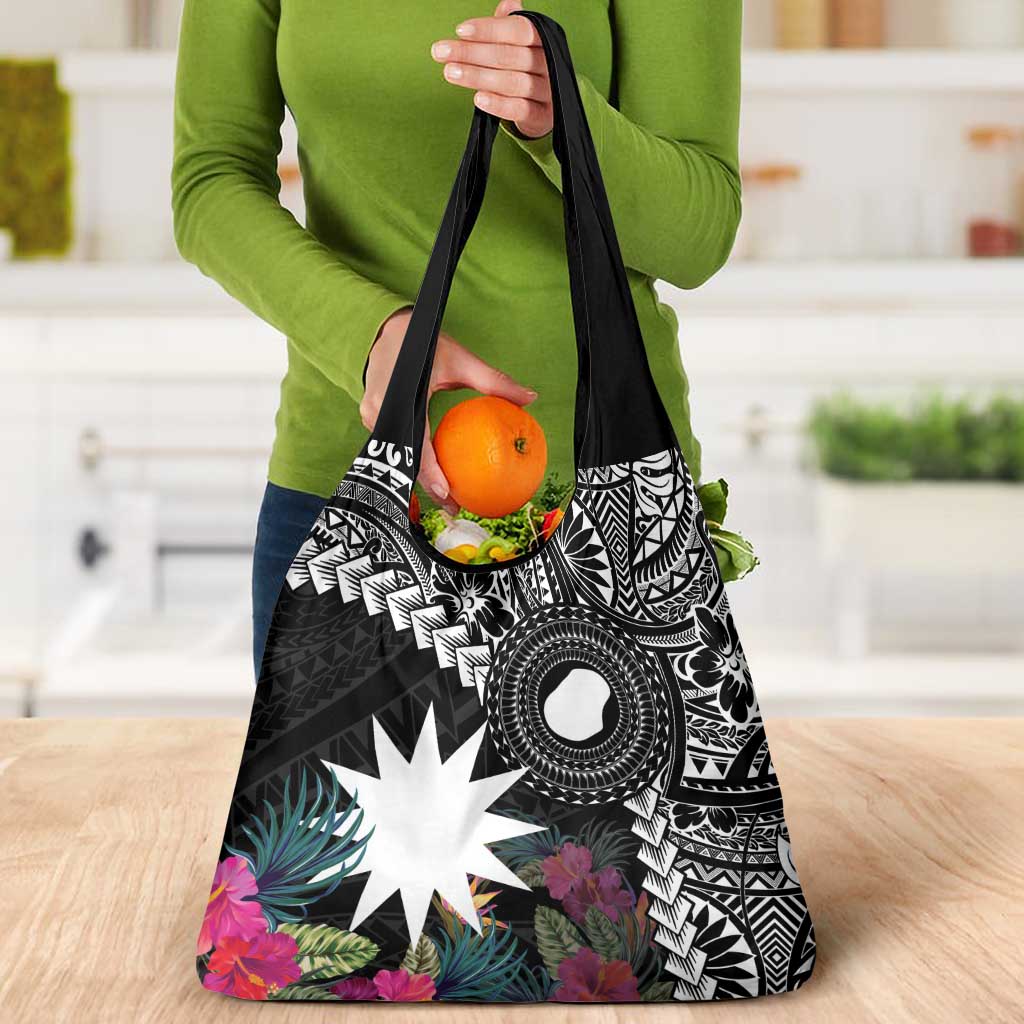Black Nauru Grocery Bag Naoero Map With Polynesian Tropical Flowers LT14 - Polynesian Pride