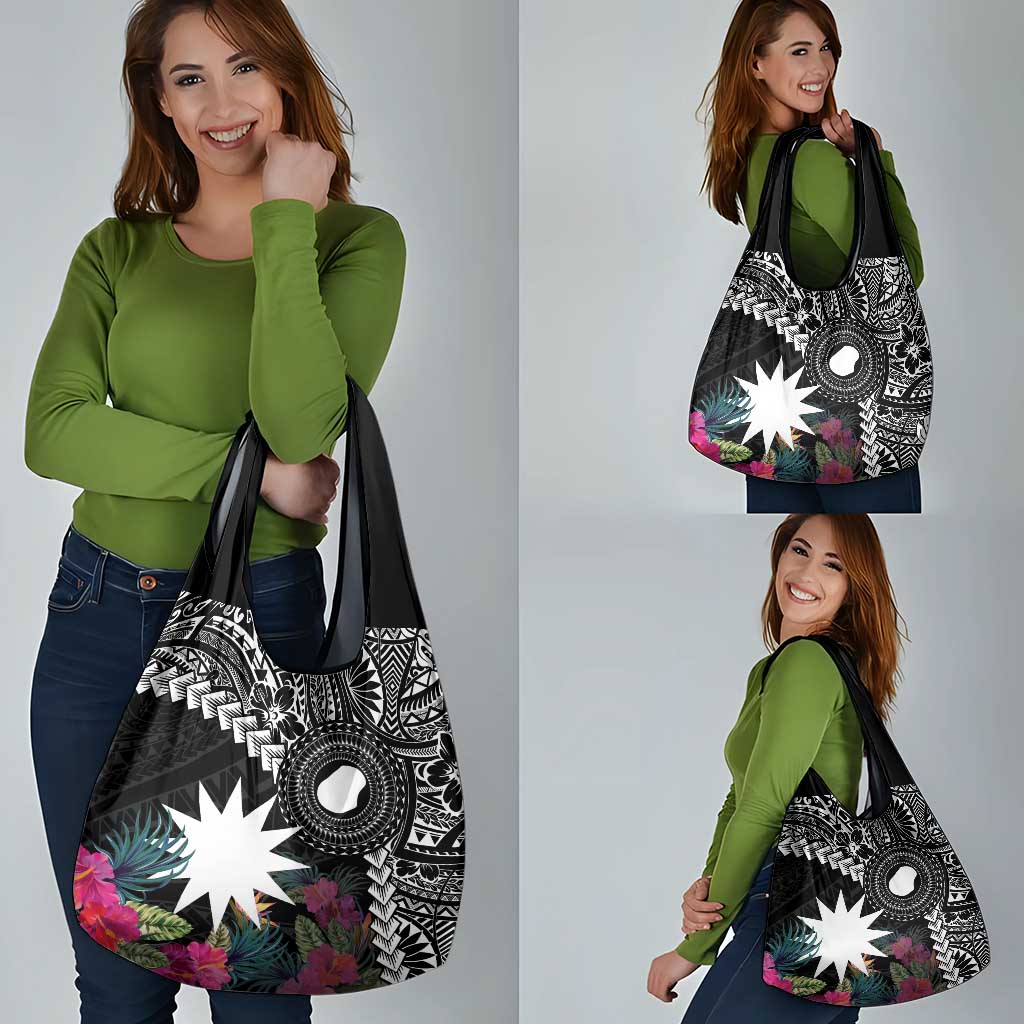 Black Nauru Grocery Bag Naoero Map With Polynesian Tropical Flowers LT14 - Polynesian Pride
