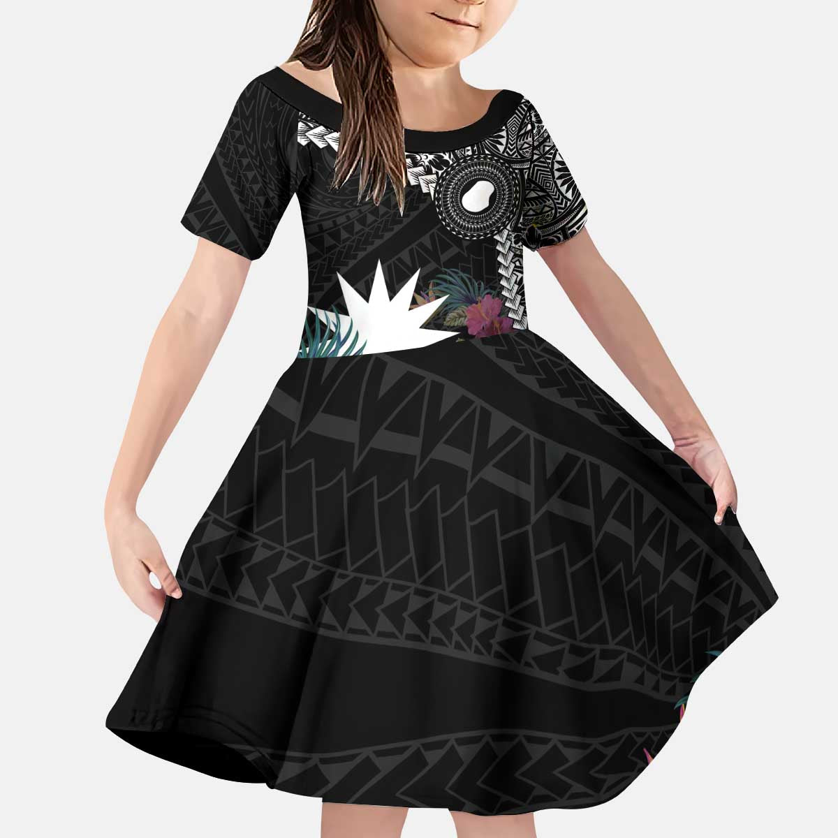 Black Nauru Kid Short Sleeve Dress Naoero Map With Polynesian Tropical Flowers LT14 KID Black - Polynesian Pride