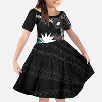 Black Nauru Kid Short Sleeve Dress Naoero Map With Polynesian Tropical Flowers LT14 KID Black - Polynesian Pride