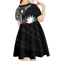 Black Nauru Kid Short Sleeve Dress Naoero Map With Polynesian Tropical Flowers LT14 - Polynesian Pride