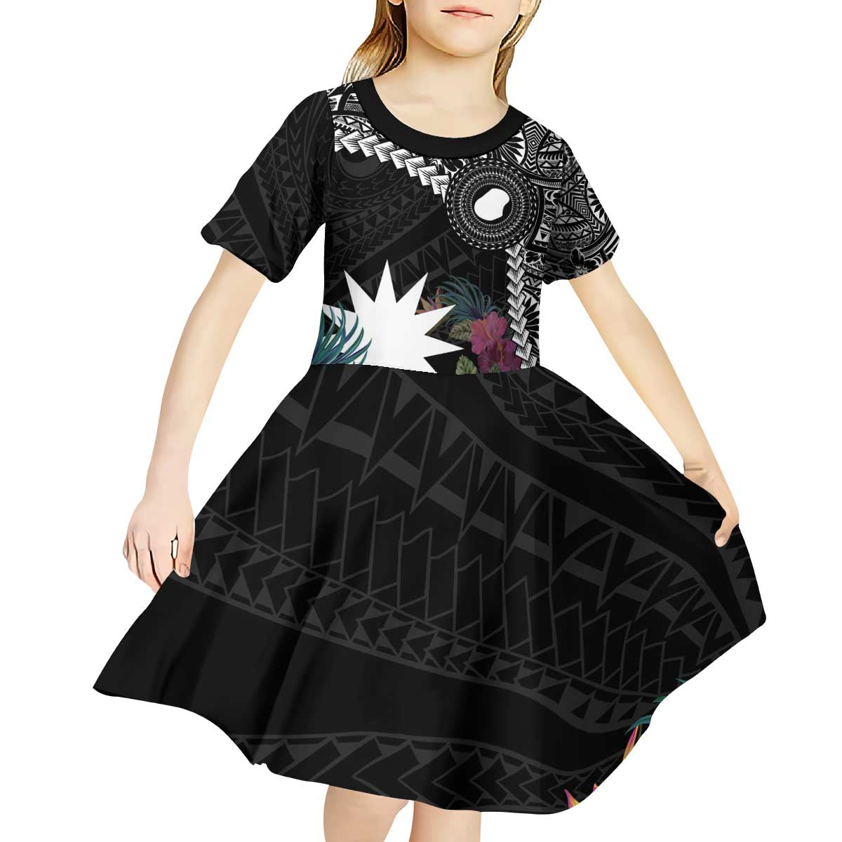 Black Nauru Kid Short Sleeve Dress Naoero Map With Polynesian Tropical Flowers LT14 - Polynesian Pride