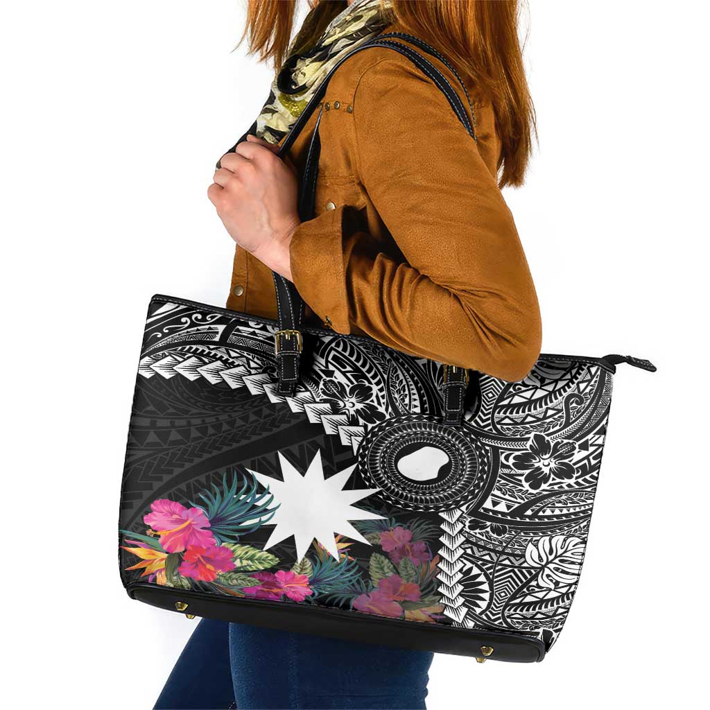 Black Nauru Leather Tote Bag Naoero Map With Polynesian Tropical Flowers